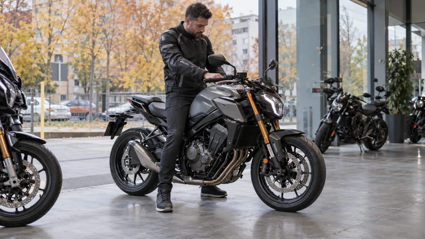 rider verificând poziția pe o motocicletă naked în showroom