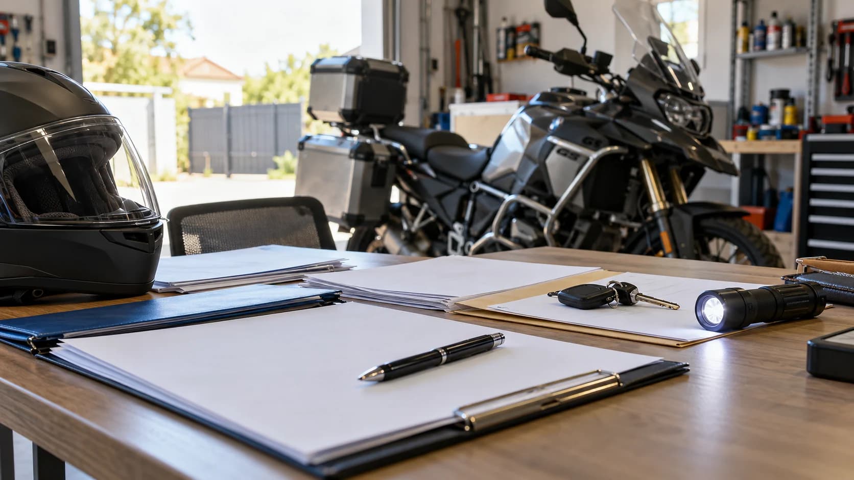 documente de import și cheie lângă o motocicletă touring în garaj