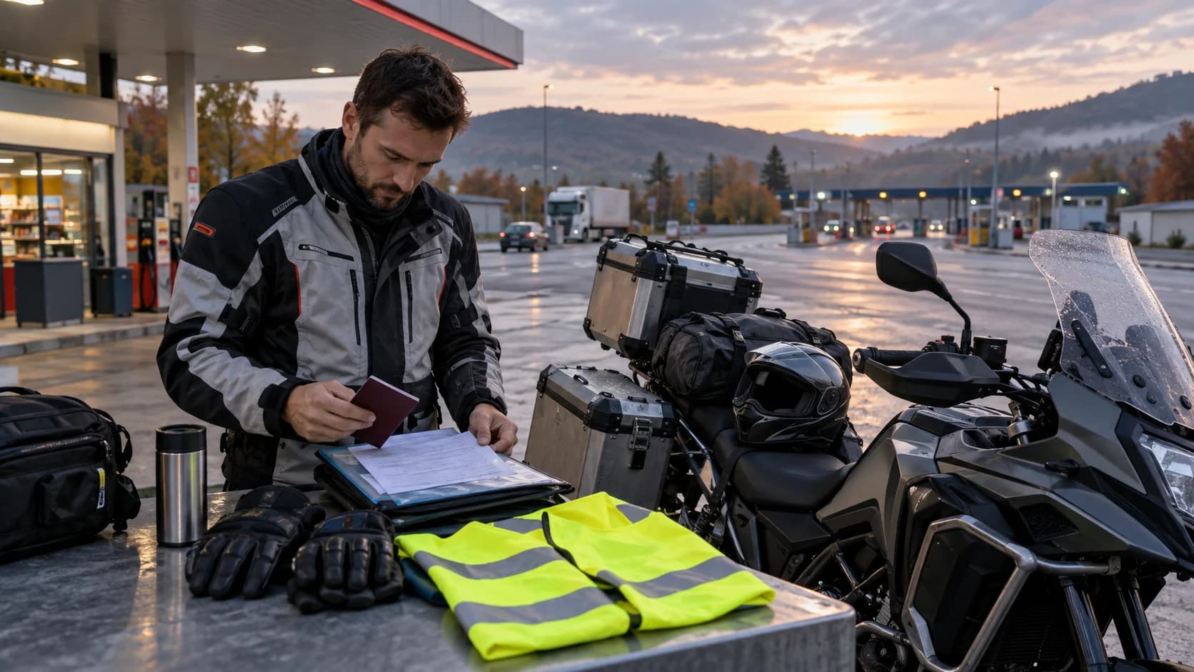 motociclist care pregătește acte și vestă reflectorizantă lângă o motocicletă touring