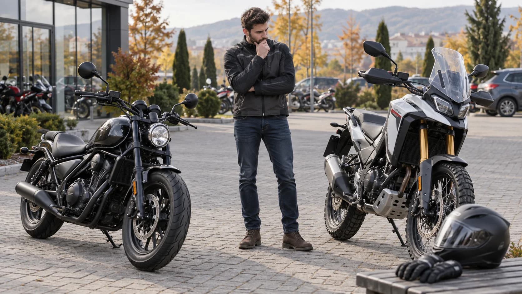 Rider care compară static două motociclete A2 într-o parcare, una joasă și una adventure