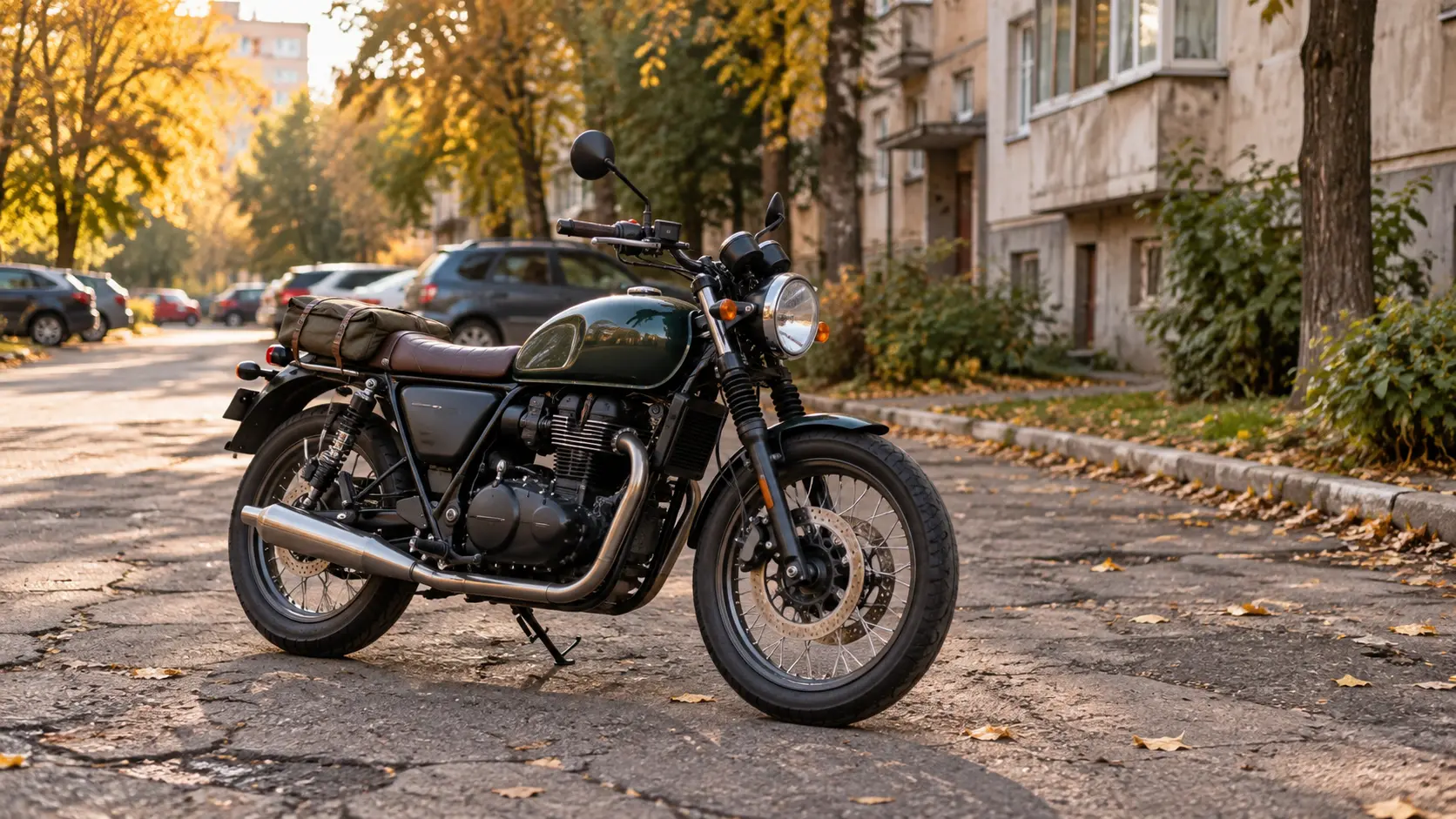 Motocicletă retro joasă parcată pe o stradă rezidențială toamna