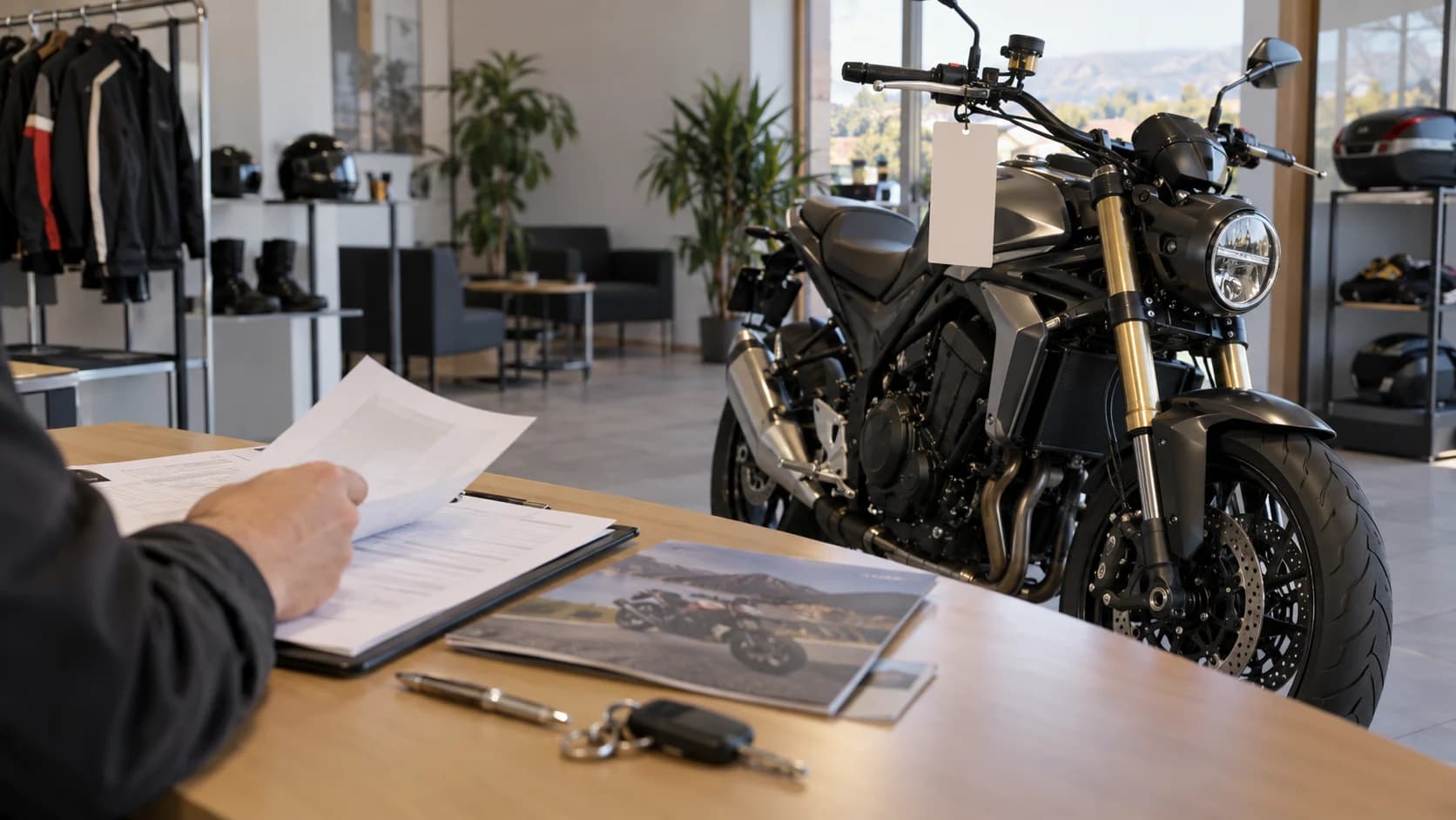 Scenă editorială cu motocicletă MY2026 sau MY2027 pe un drum din România, fără text vizibil