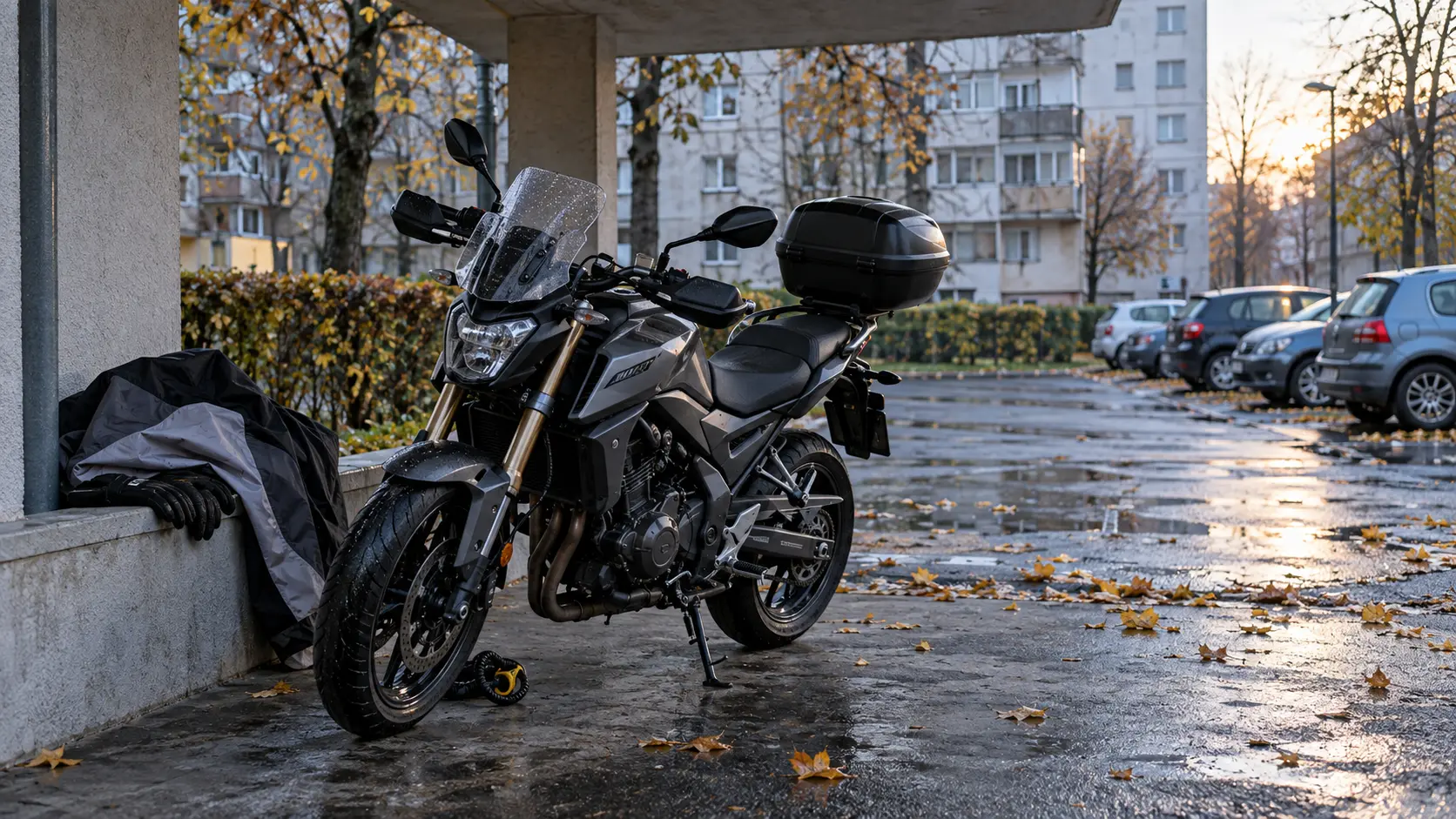 Motocicletă de navetă parcată sub o copertină de bloc într-o dimineață rece
