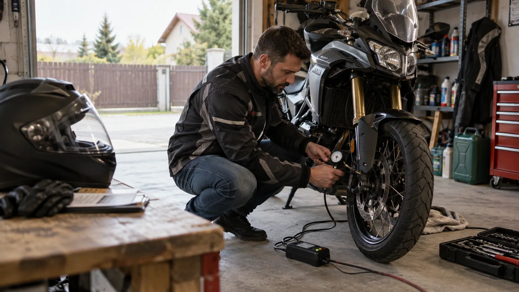 Motocicletă verificată în garaj după o perioadă de staționare