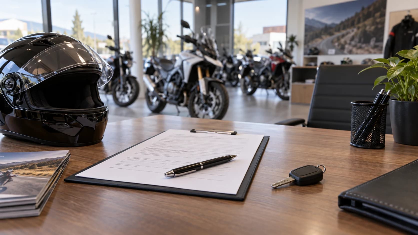 Contract și cheie de motocicletă pe biroul unui dealer moto, fără logo vizibil