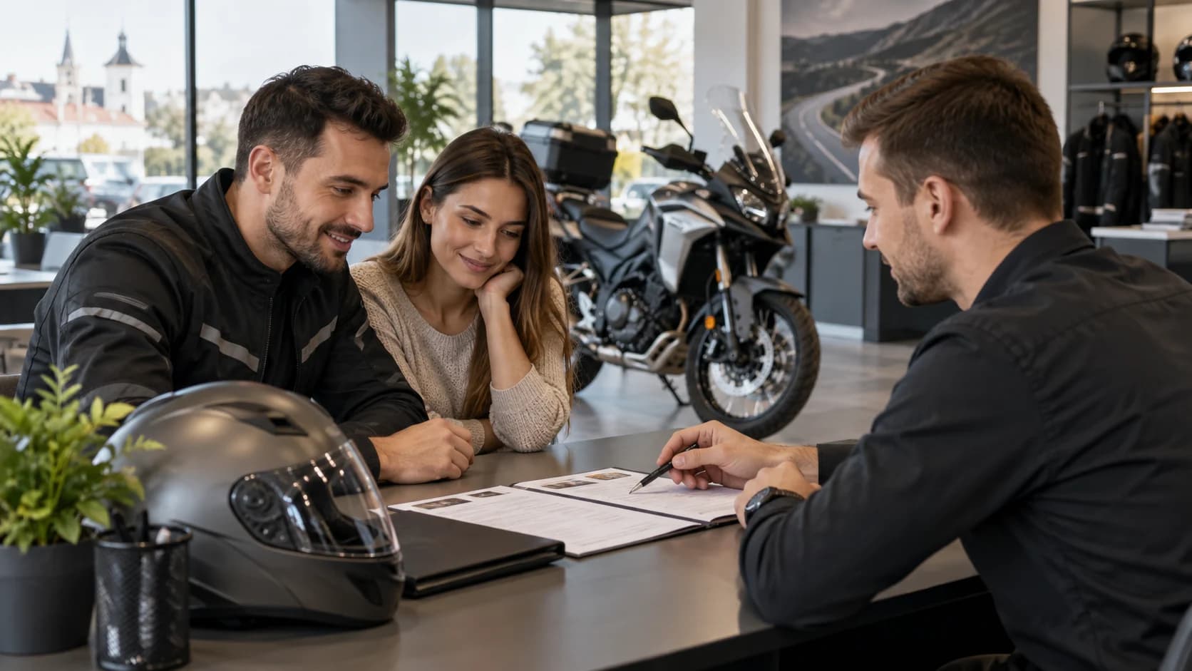 Motocicletă nouă într-un showroom, cu ofertă tipărită și cască pe birou