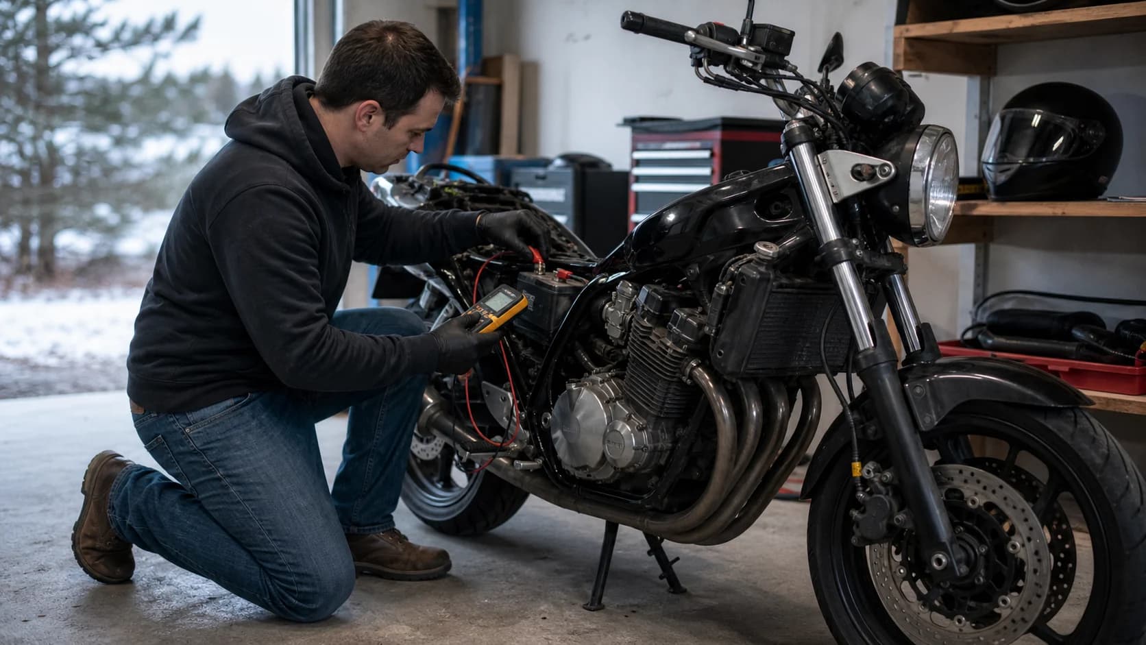 Proprietar măsurând bateria unei motociclete cu un multimetru într-un garaj