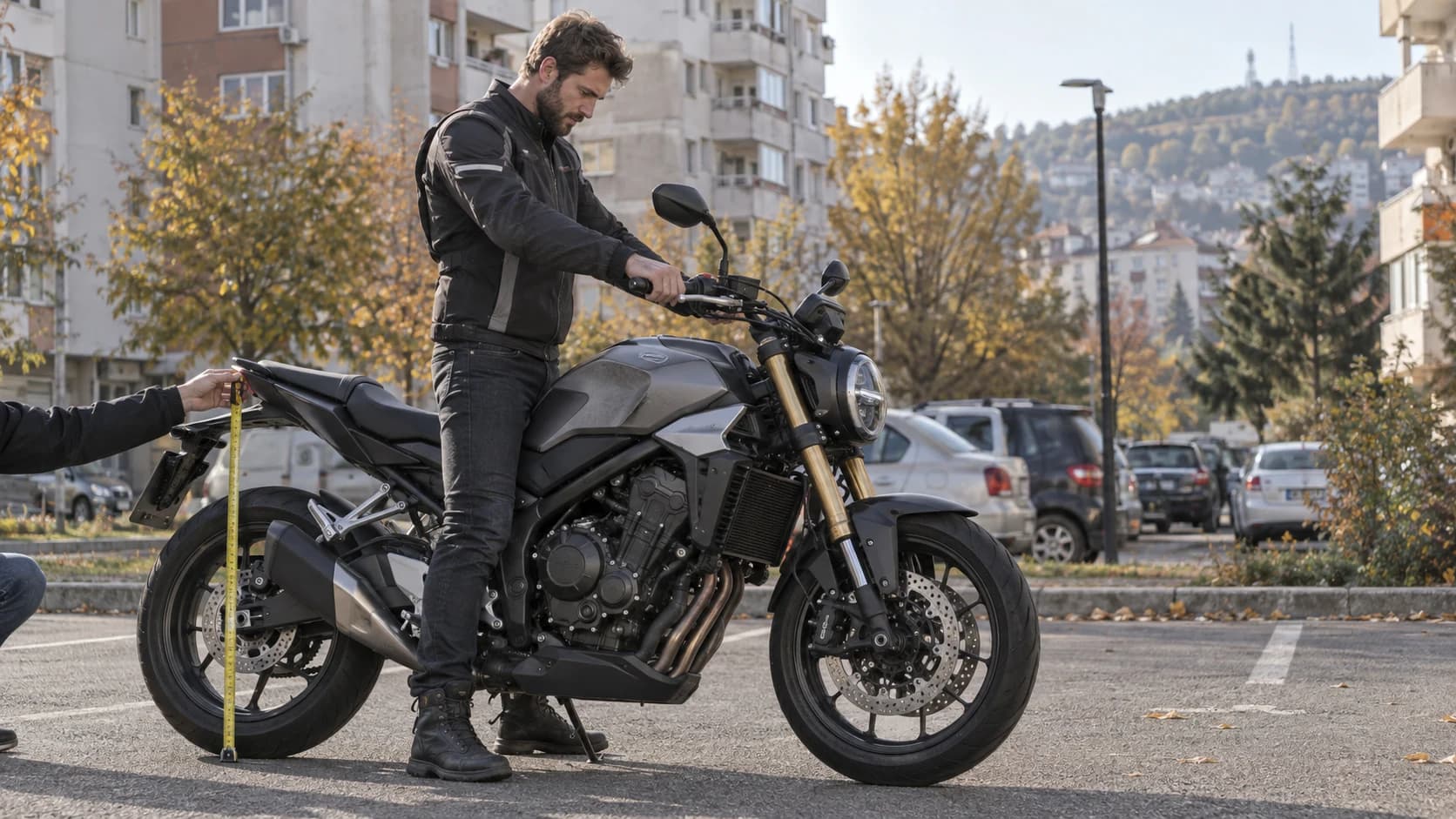 Rider înalt verificând poziția pe o motocicletă naked într-o parcare urbană