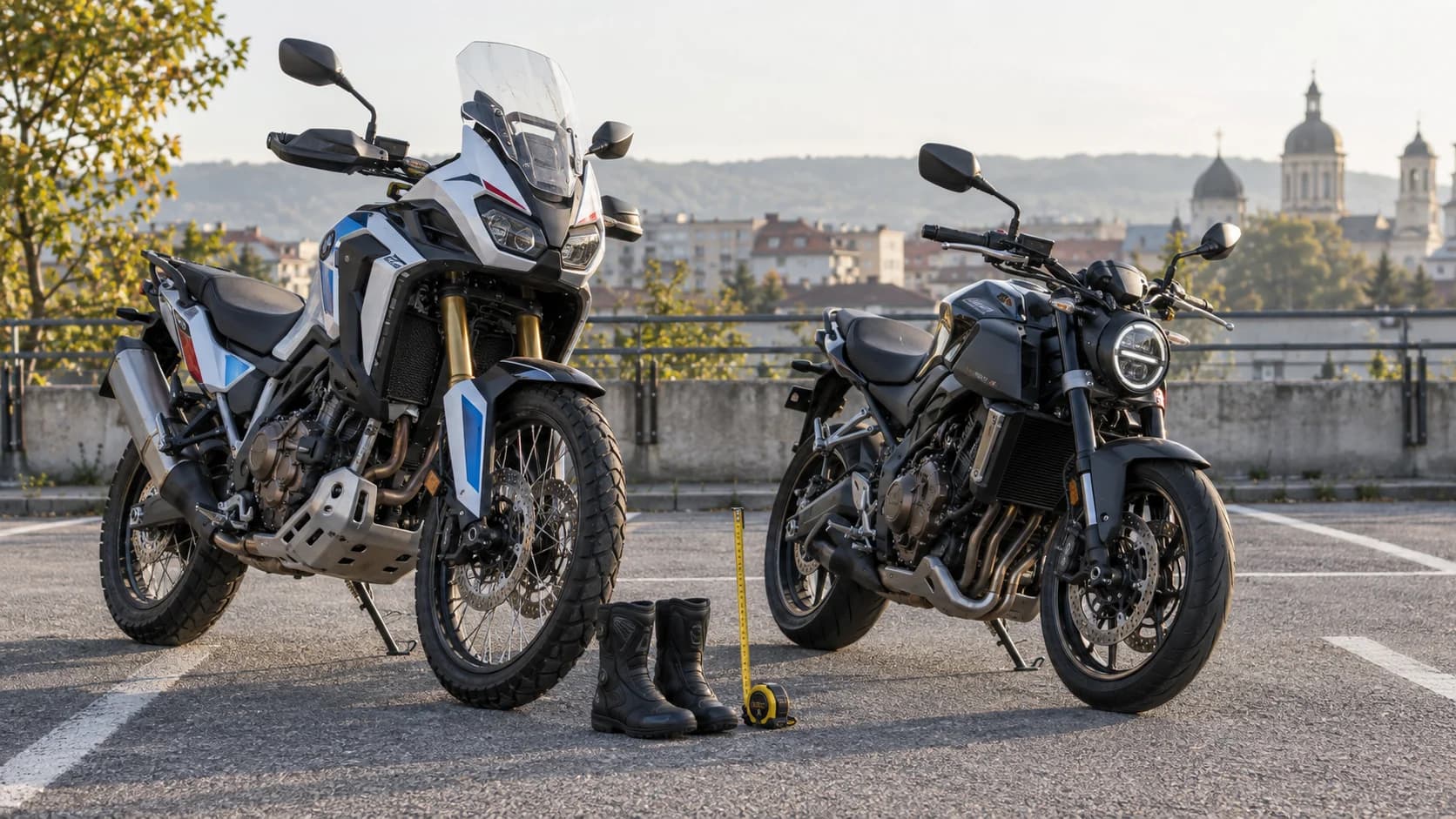 Două motociclete cu înălțimi diferite de șa comparate într-o parcare urbană