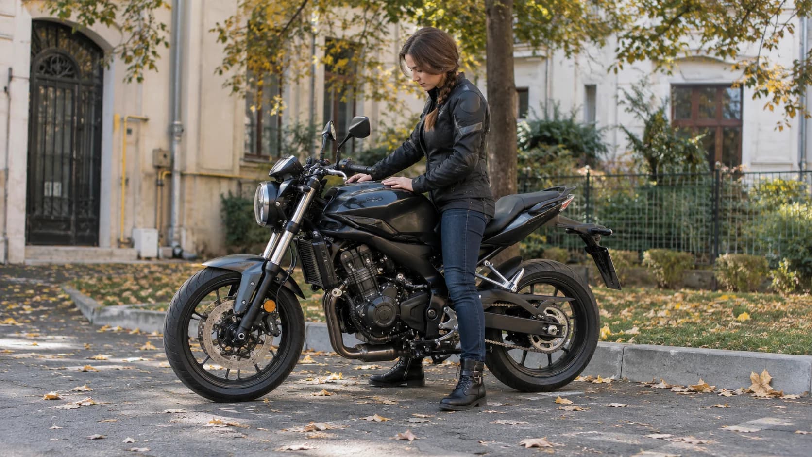 Rider care verifică înălțimea șeii unei motociclete ușoare într-o curte urbană