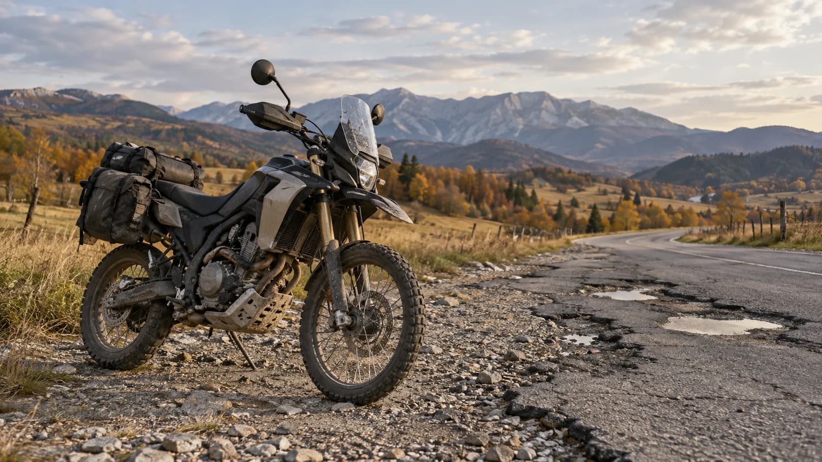 Motocicletă adventure ușoară cu bagaje moi lângă un drum rural deteriorat