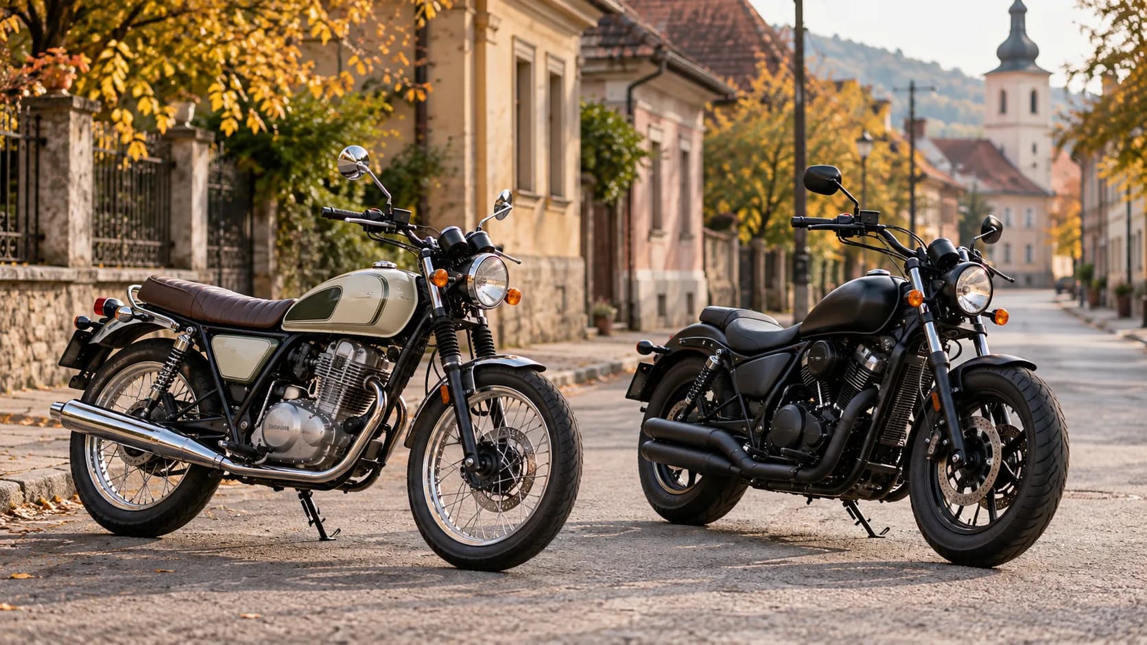 Două motociclete joase, una retro și una cruiser, pe o stradă liniștită de oraș