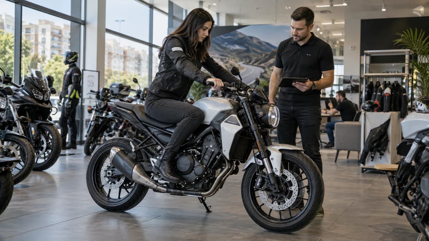 Rider verificând poziția pe o motocicletă retro modernă într-un showroom