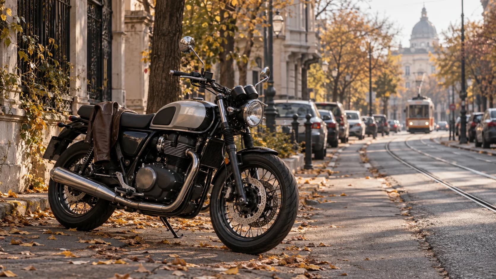 motocicletă retro modernă parcată pe o stradă urbană toamna