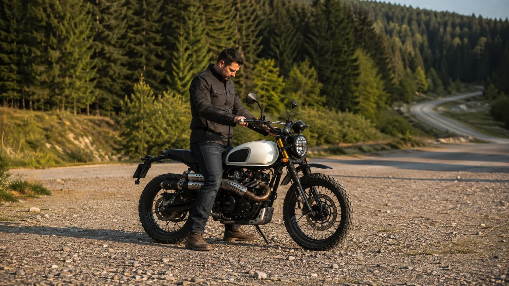 Rider verificând poziția pe o motocicletă scrambler pe un drum forestier