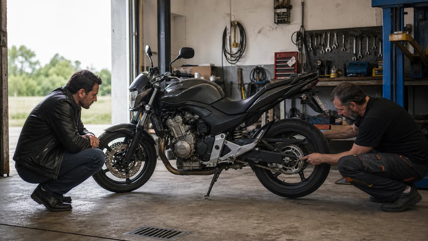 Cumpărător și mecanic inspectând lanțul unei motociclete second-hand într-un atelier