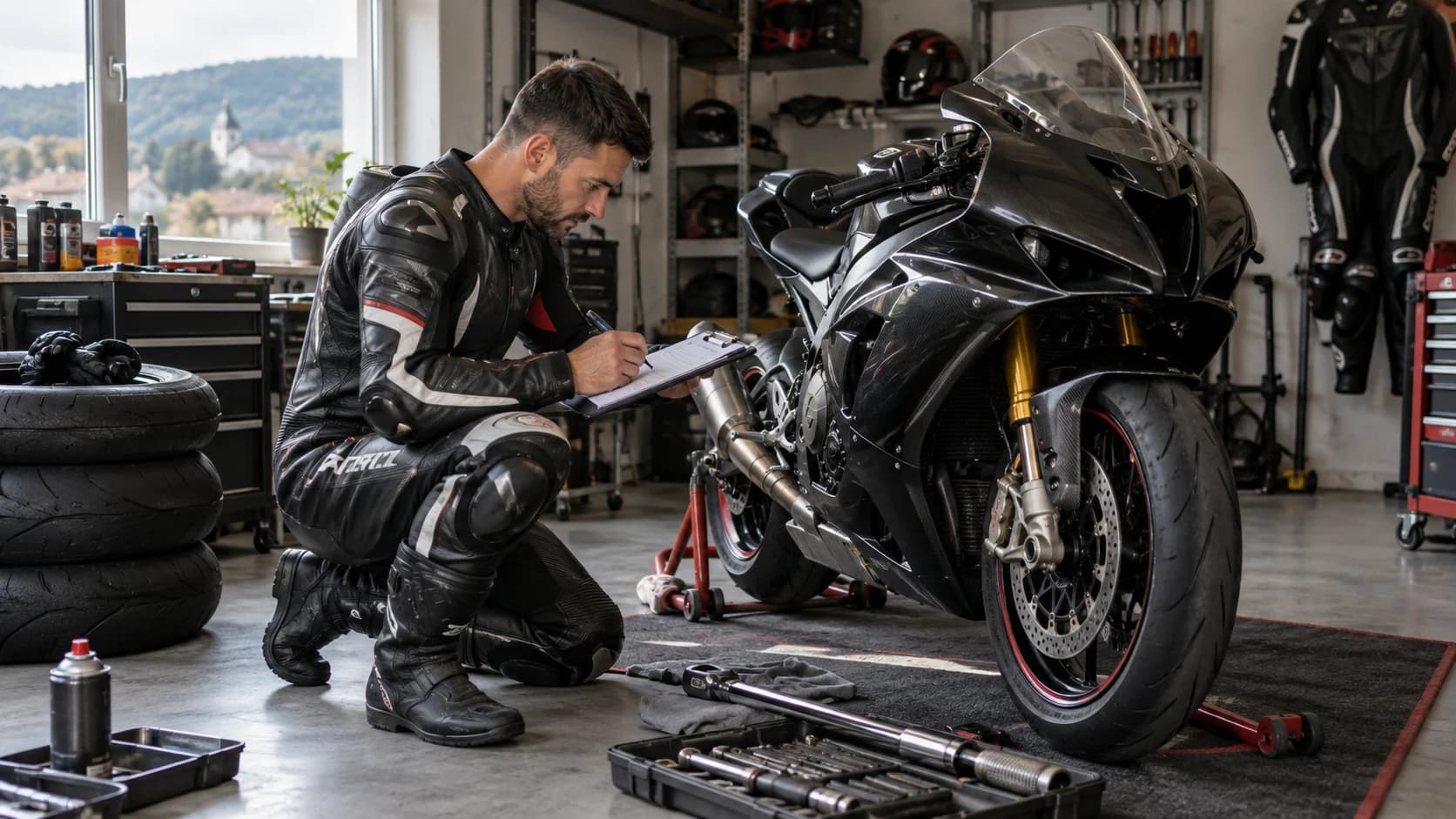 motocicletă sport neagră verificată în garaj înainte de cumpărare