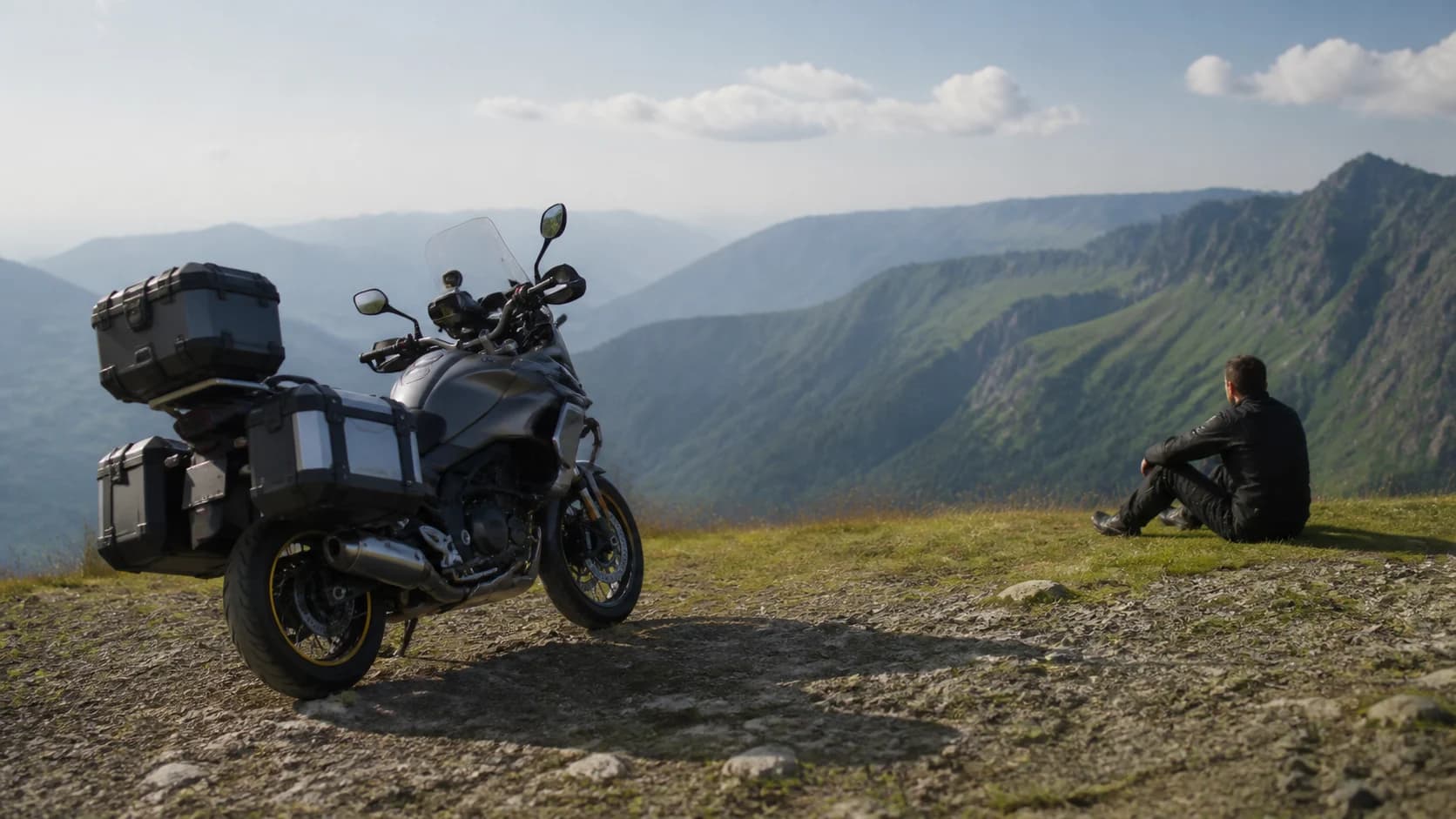 Imagine editorială despre motocicletă touring: confortul se verifică pe traseu