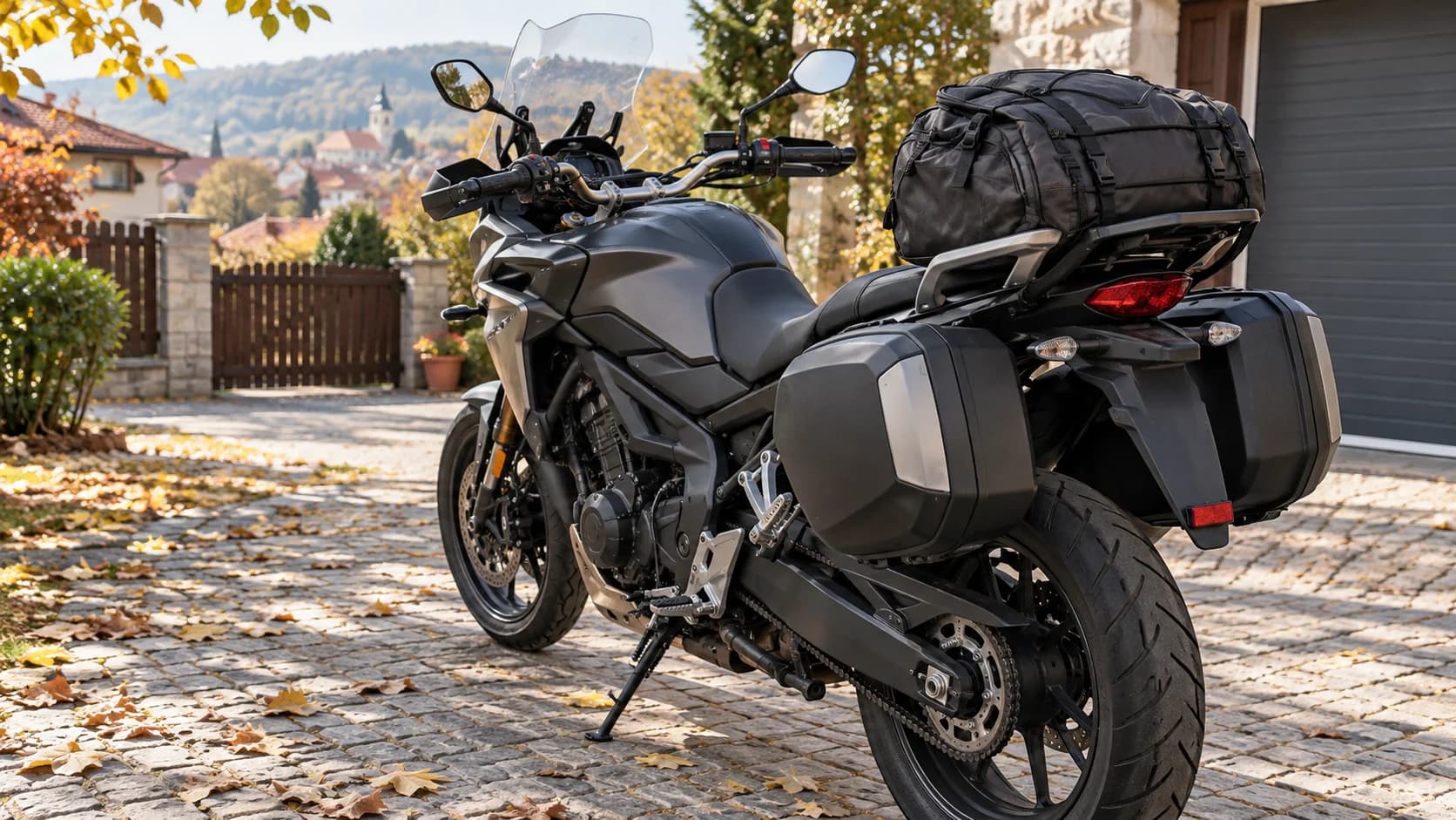 Motocicletă touring cu bagaje pregătită pentru verificarea sarcinii și a șeii