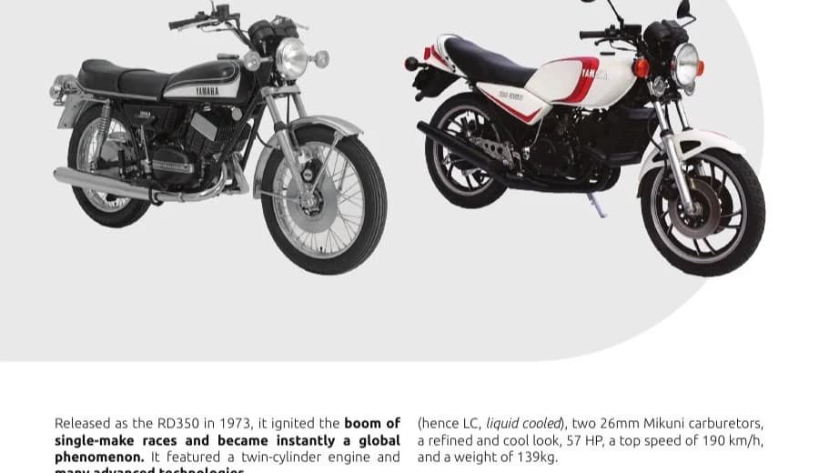 Yamaha RD350 și RD350 LC prezentate în broșura oficială Yamaha 70 Years of Kando
