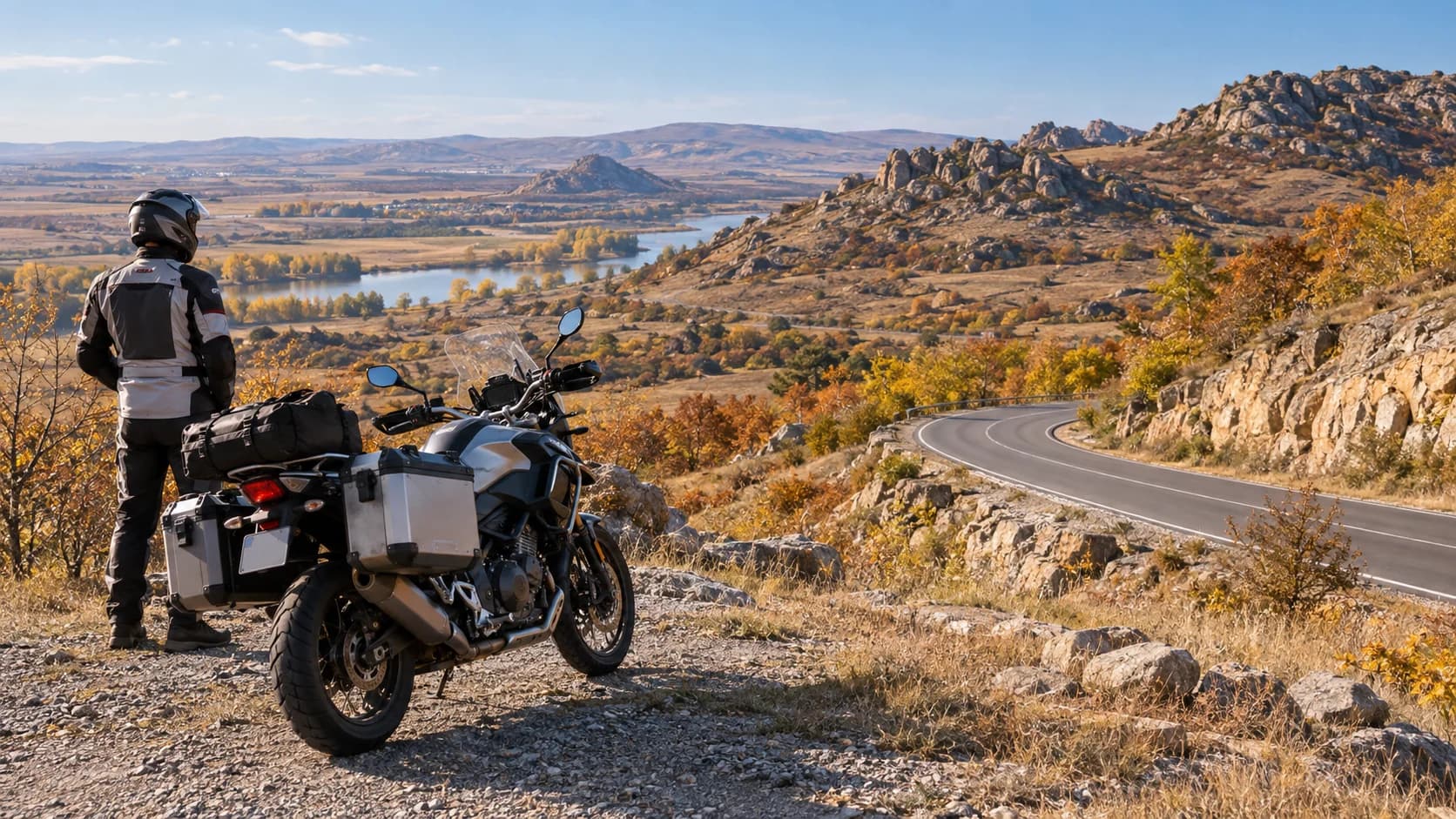 motociclist oprit la un punct de belvedere în Munții Măcinului toamna