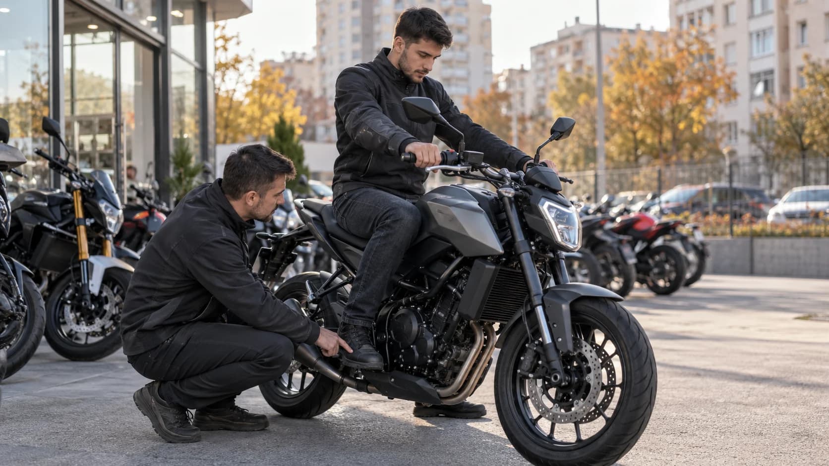 Rider verificând poziția pe o motocicletă naked într-un showroom urban