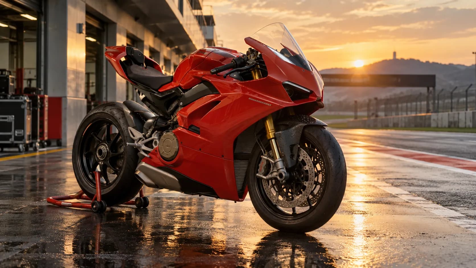 Motocicletă sport roșie pe un paddock de circuit la apus
