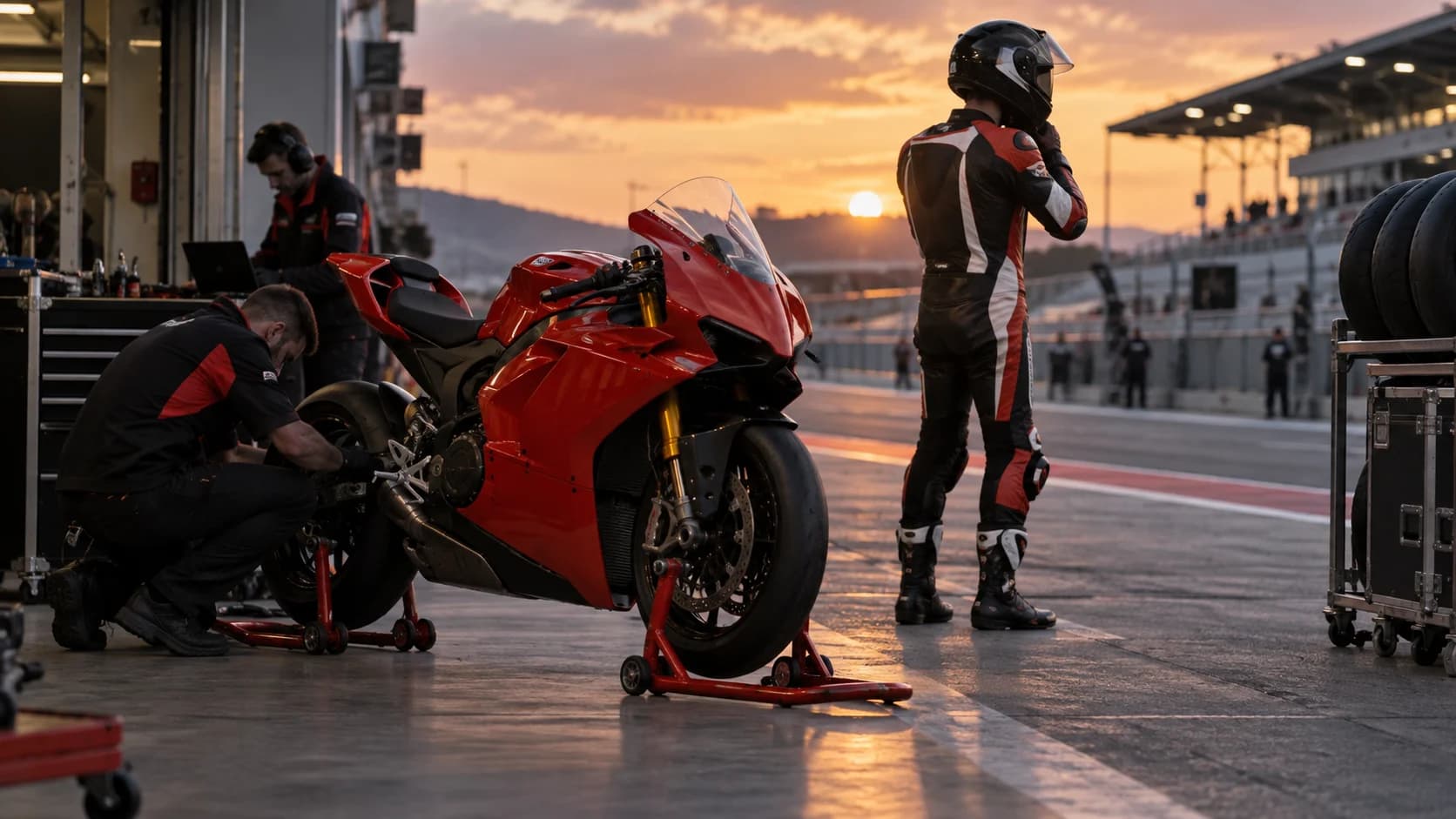 Motocicletă de circuit roșie pregătită în paddock înaintea unei sesiuni