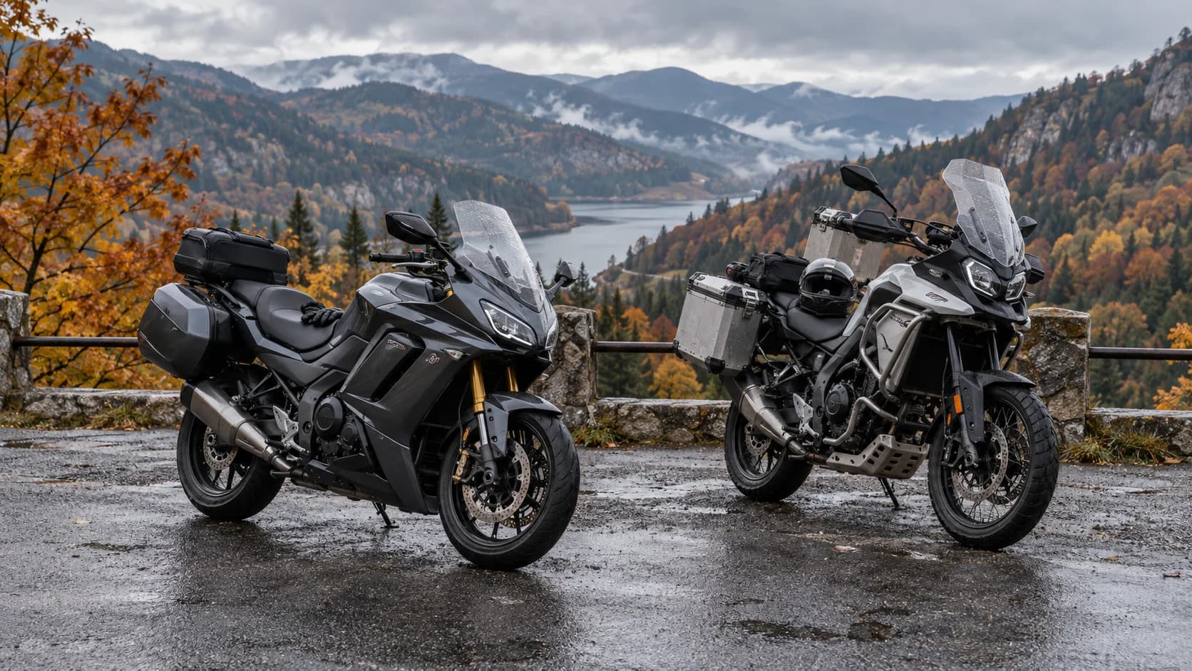 Două motociclete touring parcate într-un punct de belvedere montan după ploaie