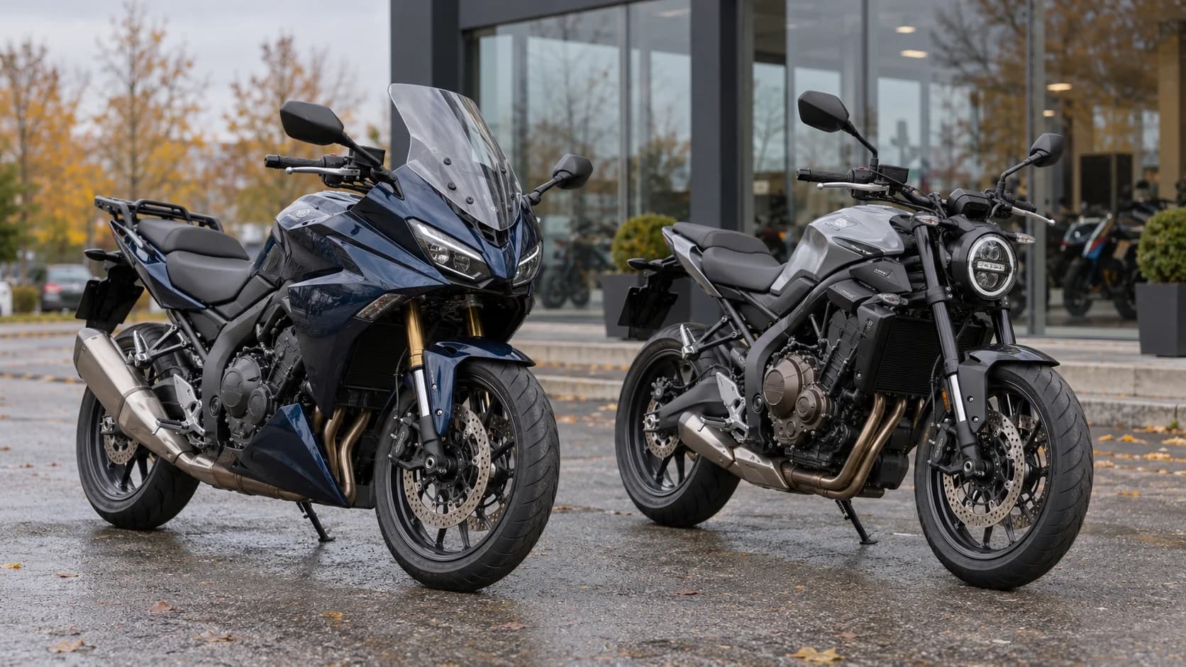 Două motociclete de cilindree medie fotografiate în fața unui showroom