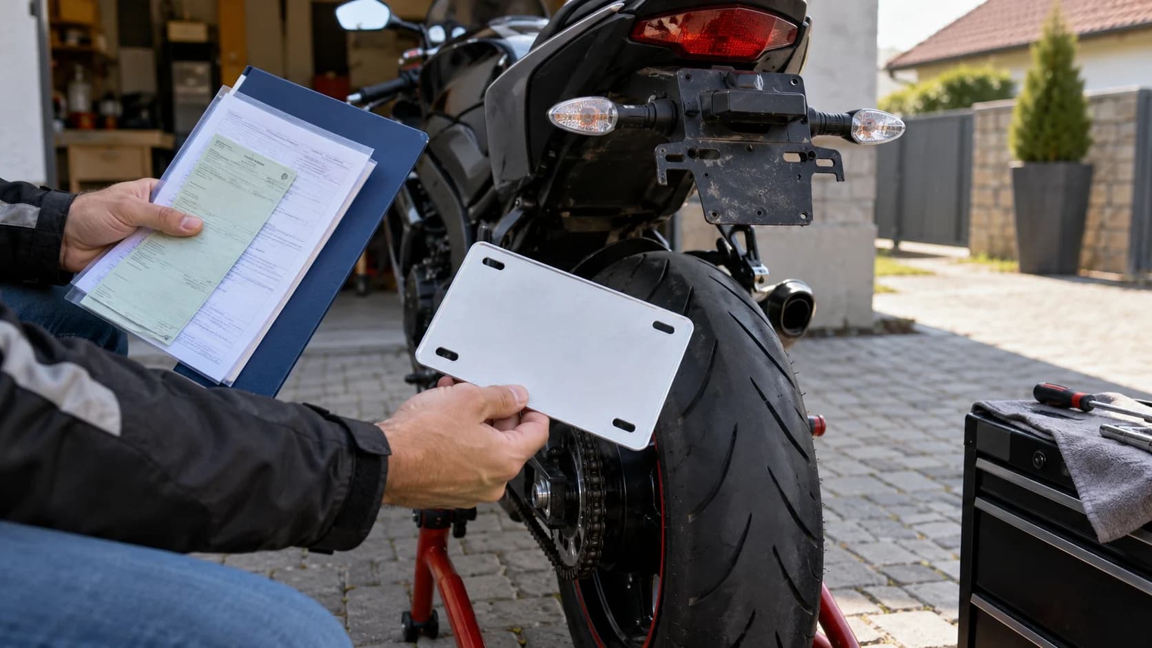 Scenă editorială cu număr înmatriculare motocicletă pierdut pe un drum din România, fără text vizibil
