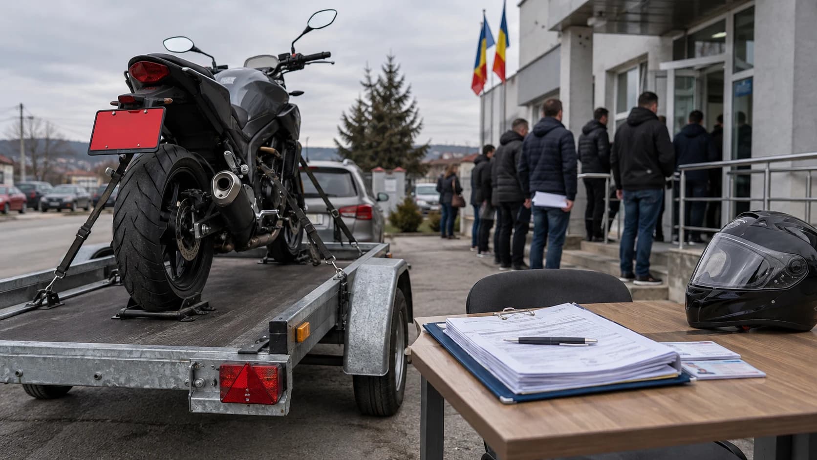 Motocicletă pe platformă lângă un birou de acte auto, cu plăcuță provizorie neinscripționată lizibil