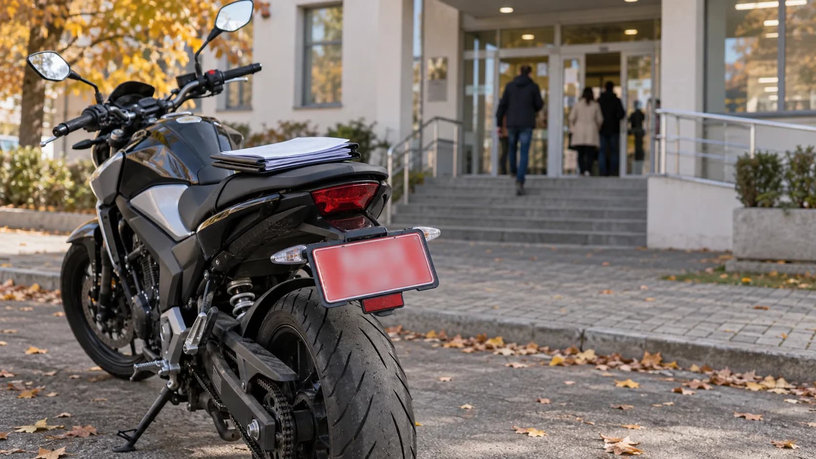 Motocicletă cu placă temporară blurată în fața unei clădiri publice, cu dosar pe șa