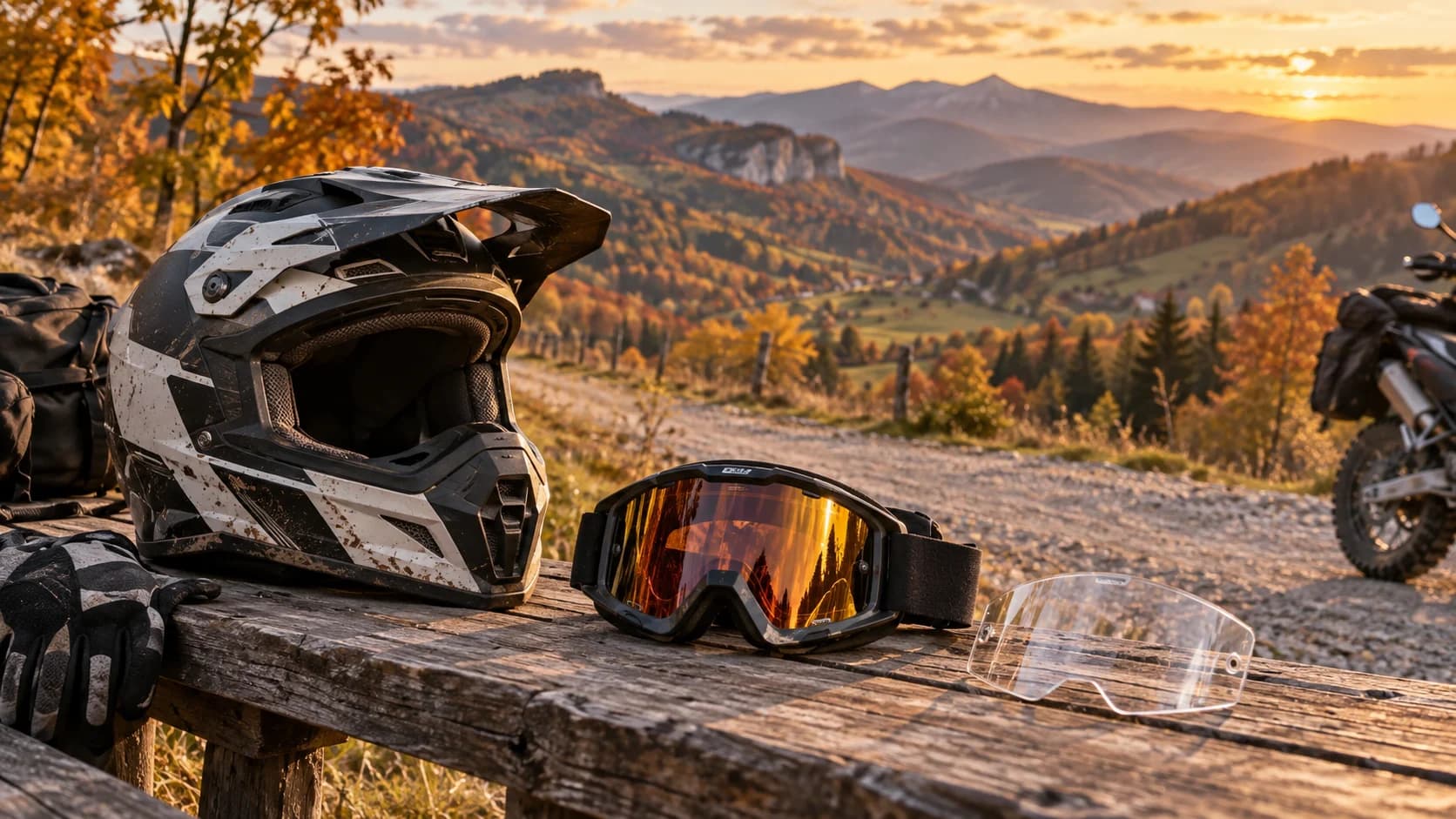 cască adventure și ochelari enduro cu lentilă de schimb pe o masă lângă drum de macadam