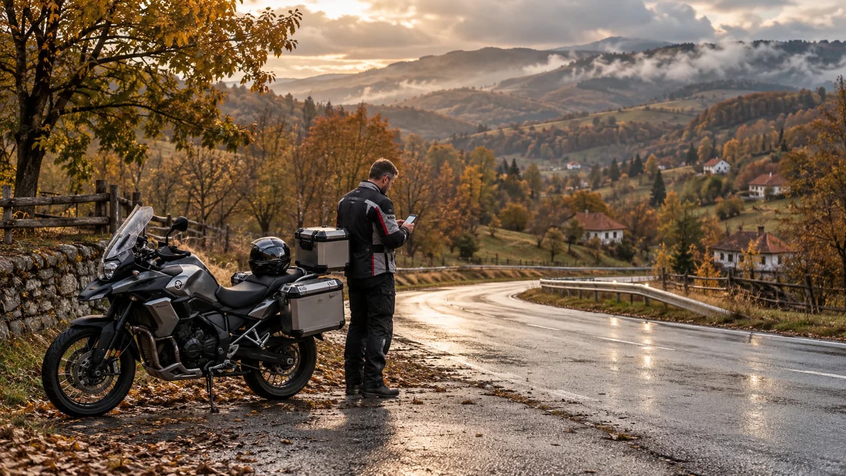 motocicletă touring pe un drum de sub munte în Oltenia, cu dealuri și lumină de toamnă