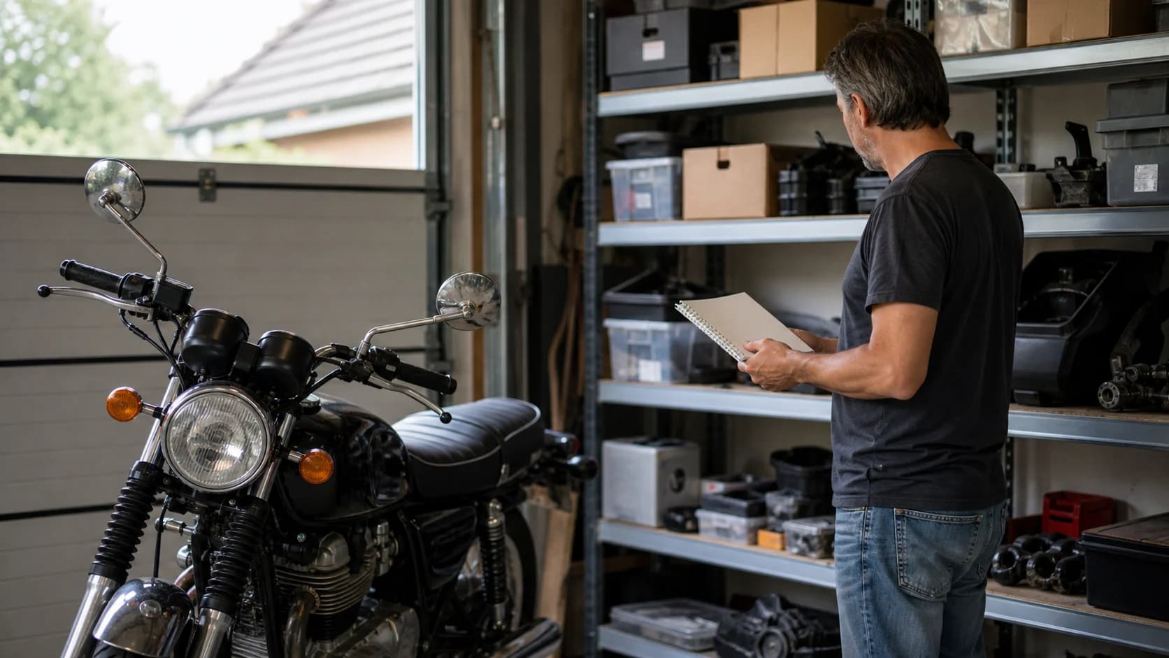 Proprietar verificând piese de schimb lângă o motocicletă mai veche