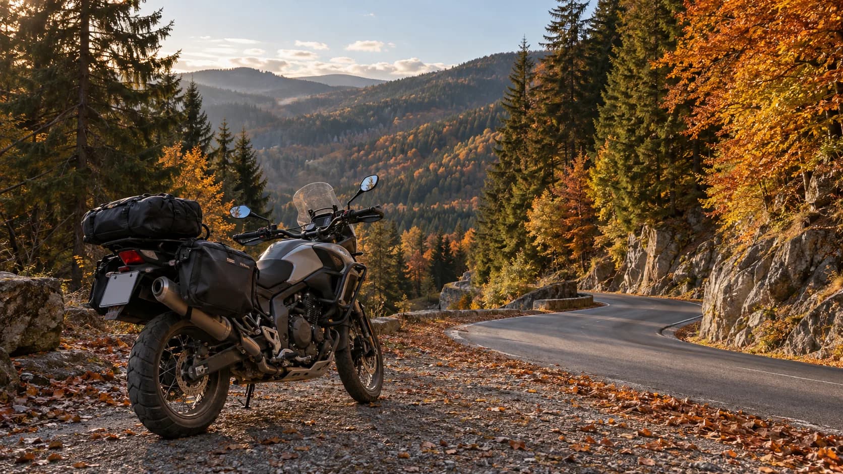 Motocicletă touring pe un drum montan de toamnă, cu pădure și serpentină în fundal