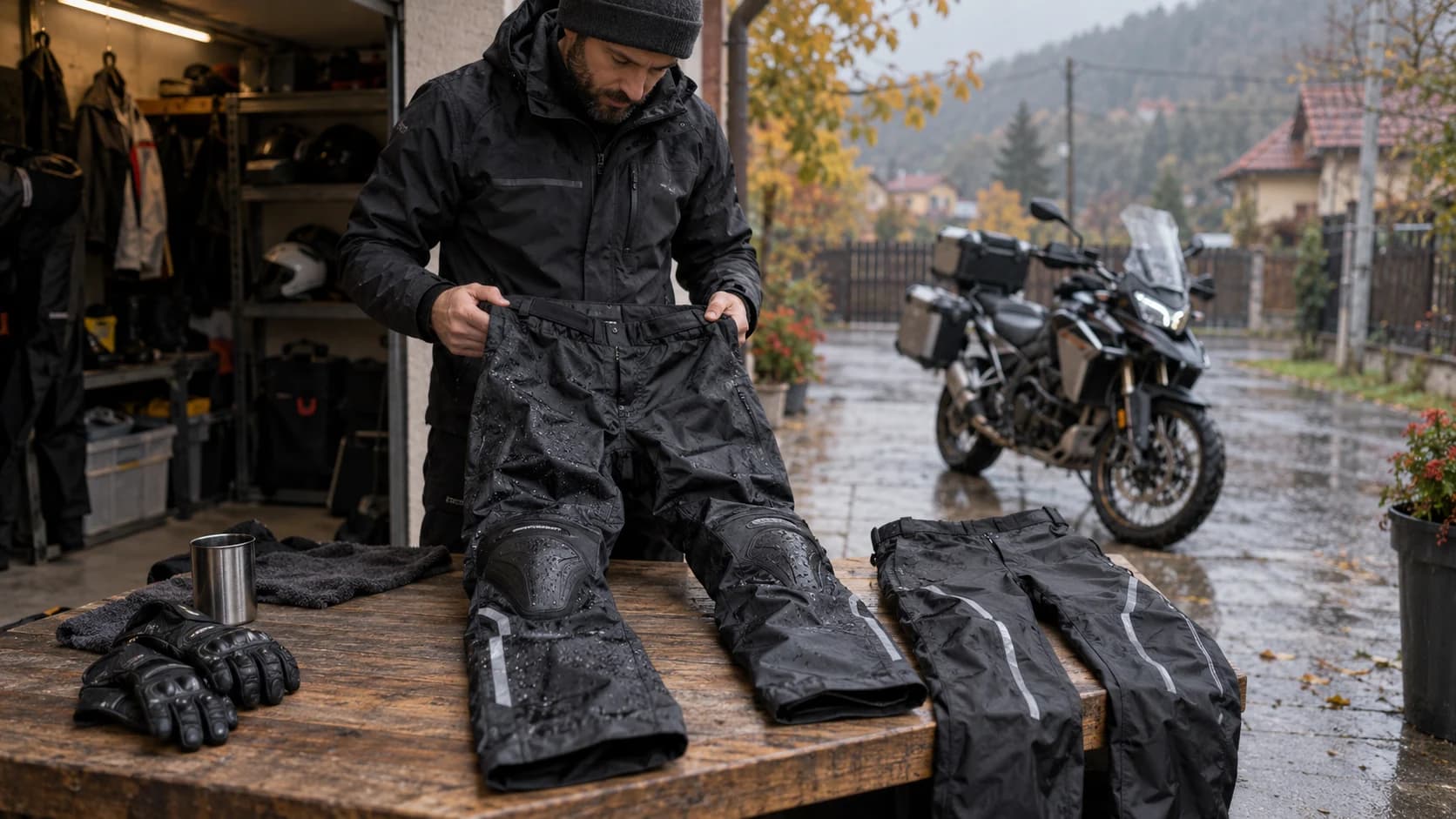 Pantaloni moto impermeabili verificați lângă o motocicletă de touring