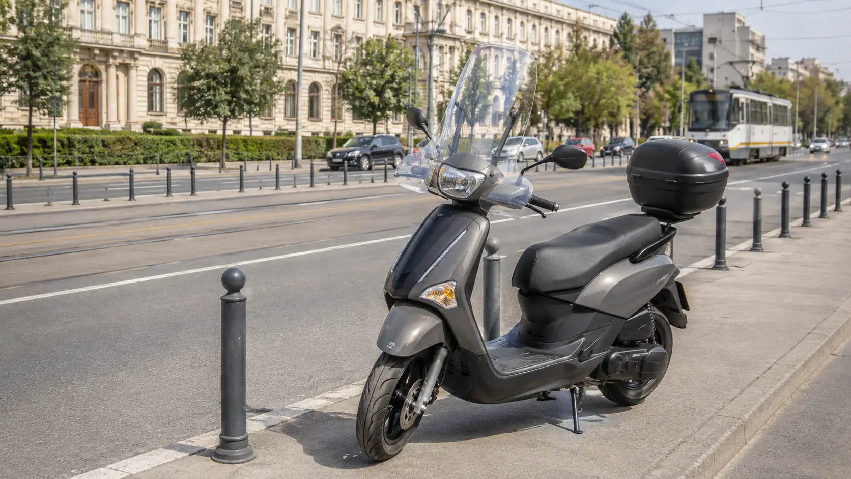 Scuter 125 generic cu parbriz înalt și top case pe un bulevard urban