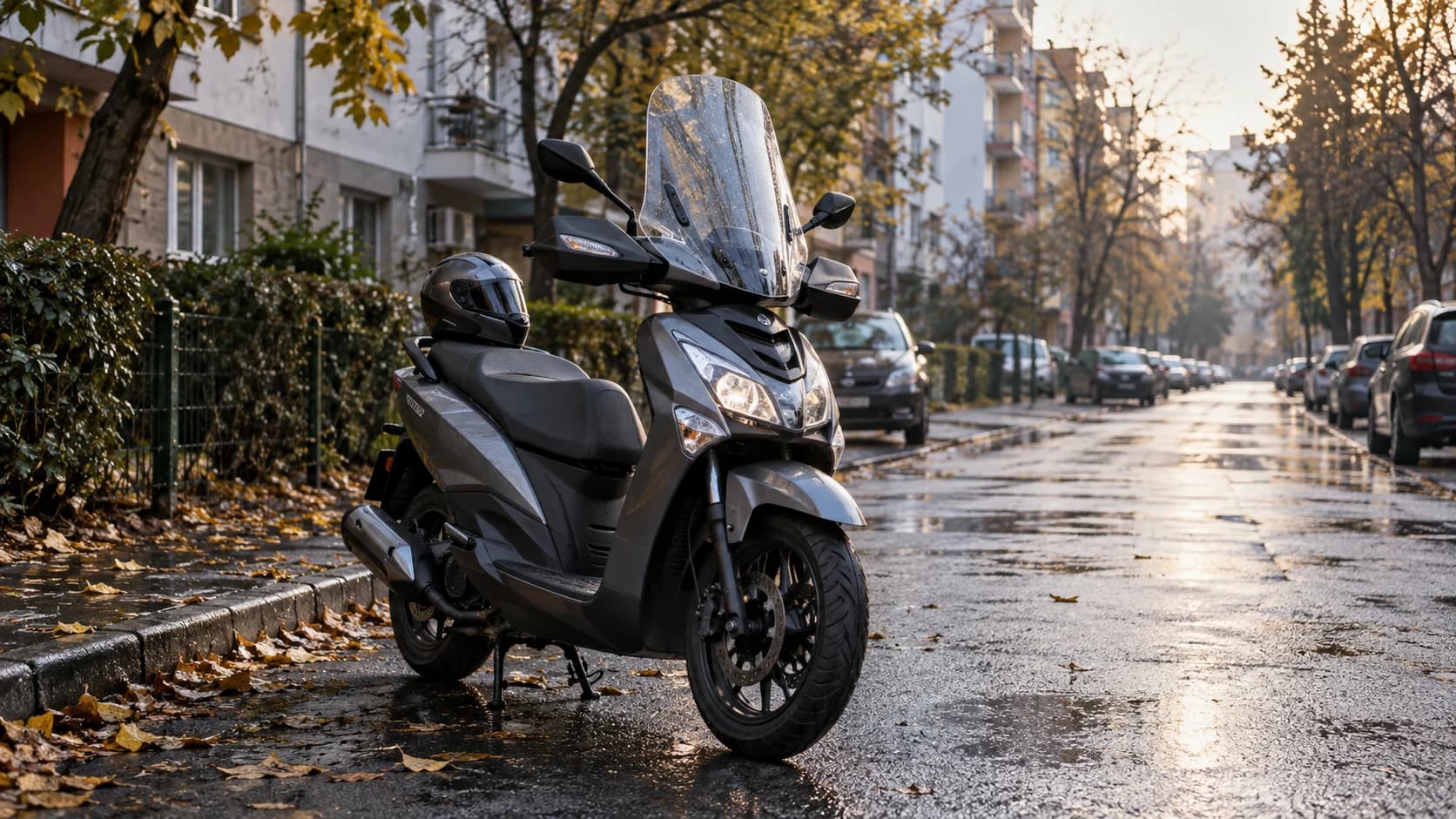Scuter urban cu parbriz înalt parcat pe o stradă umedă de blocuri