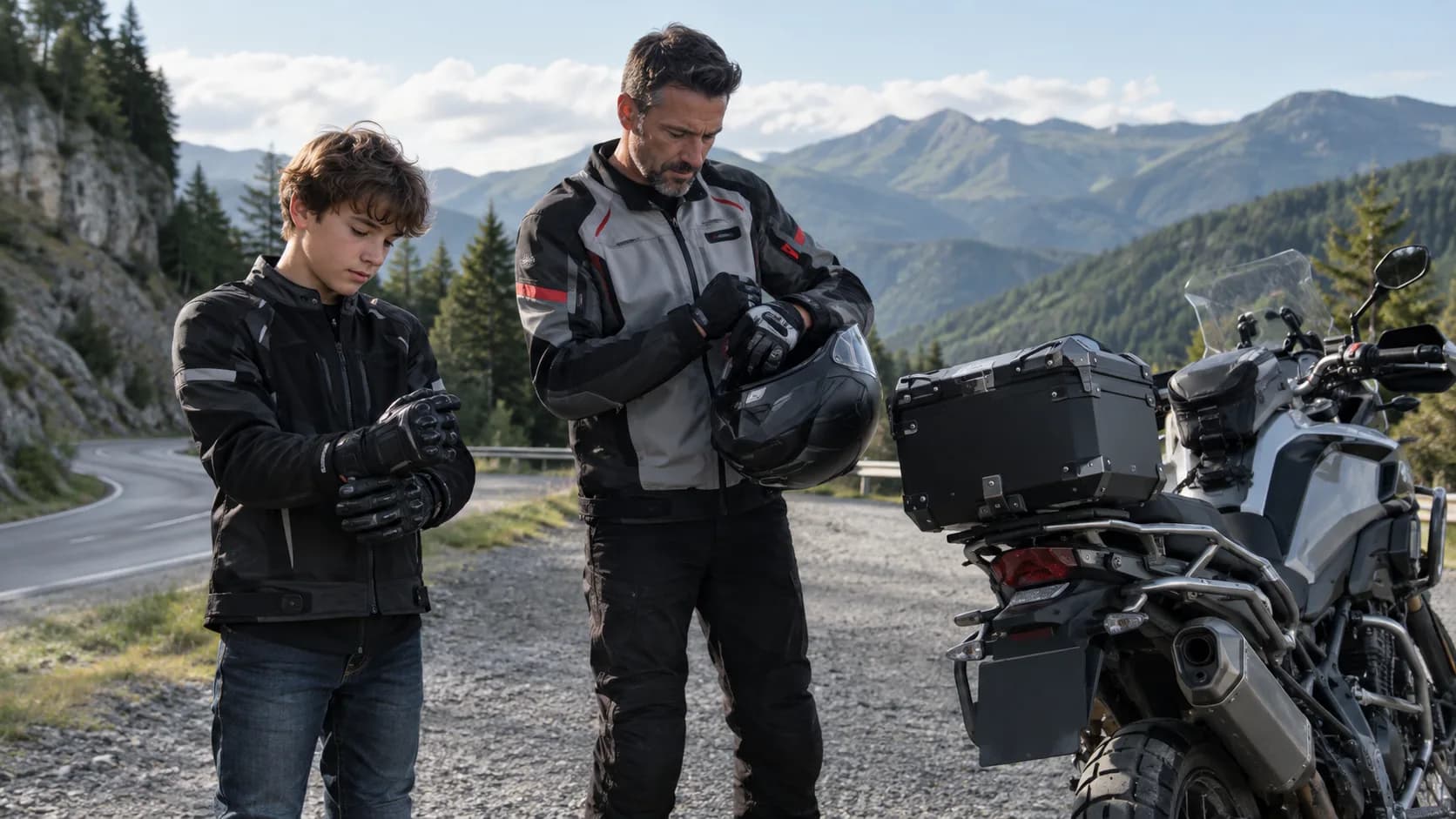 Rider adult și pasager adolescent pregătind căștile lângă motocicletă