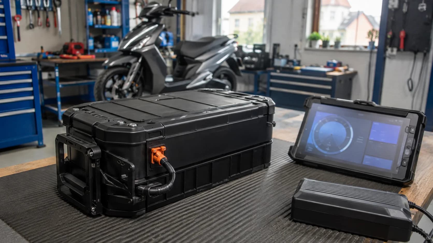 Baterie de scuter electric pe un banc de service lângă un ecran cu date tehnice