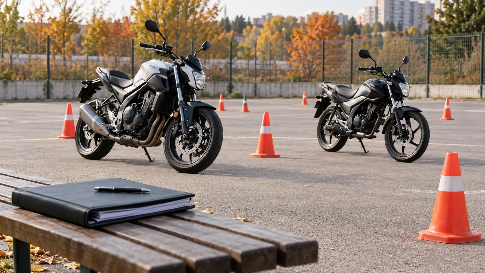 Două motociclete de școală și jaloane într-un poligon moto, cu dosar de acte pe o bancă