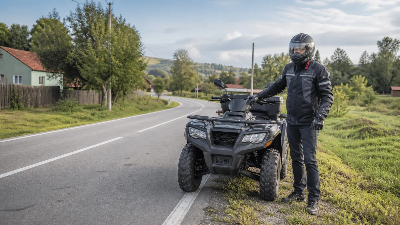 ATV omologat pentru drum public, oprit pe acostamentul unui drum rural din România
