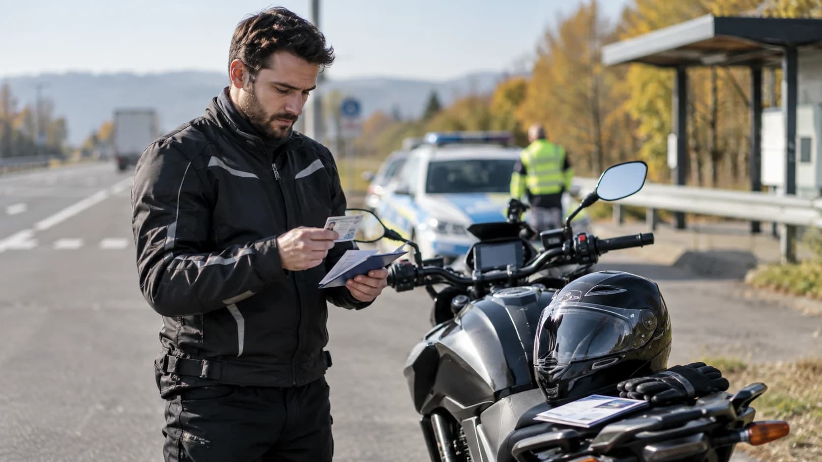 Motociclist verificând documente lângă motocicletă într-o zonă de control rutier