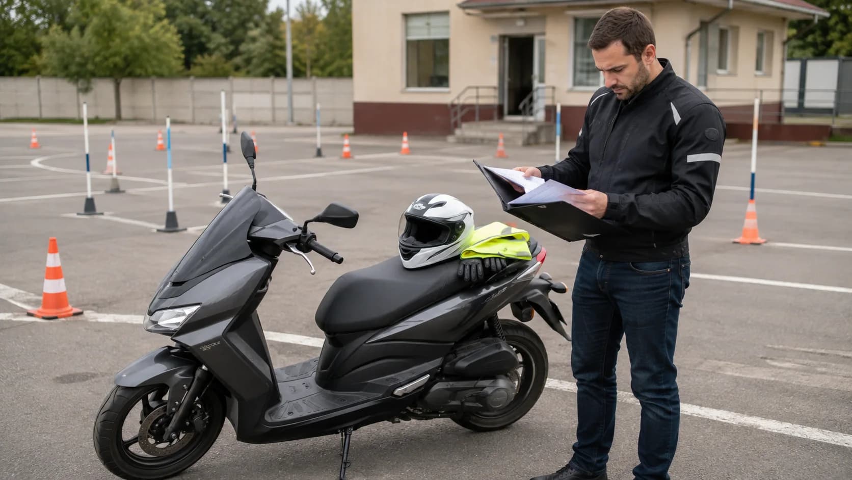 Scuter automat de 125 cmc și documente într-un poligon de școală moto