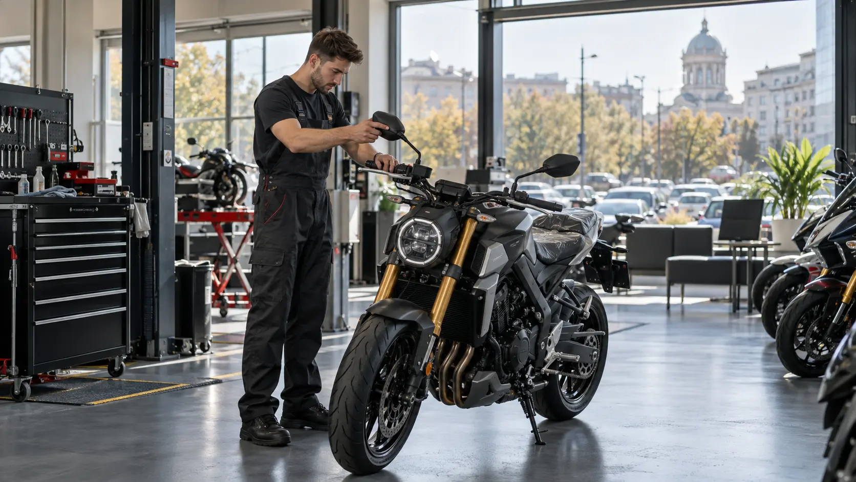 Motocicletă nouă verificată într-un showroom european înainte de livrare