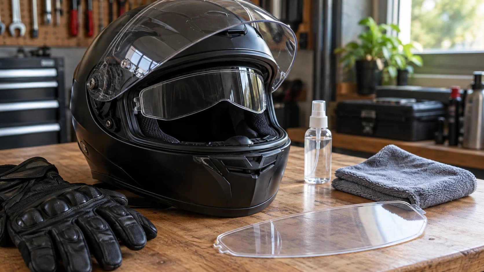 Cască moto cu vizieră deschisă, insert anti-abur și spray pe un banc de lucru