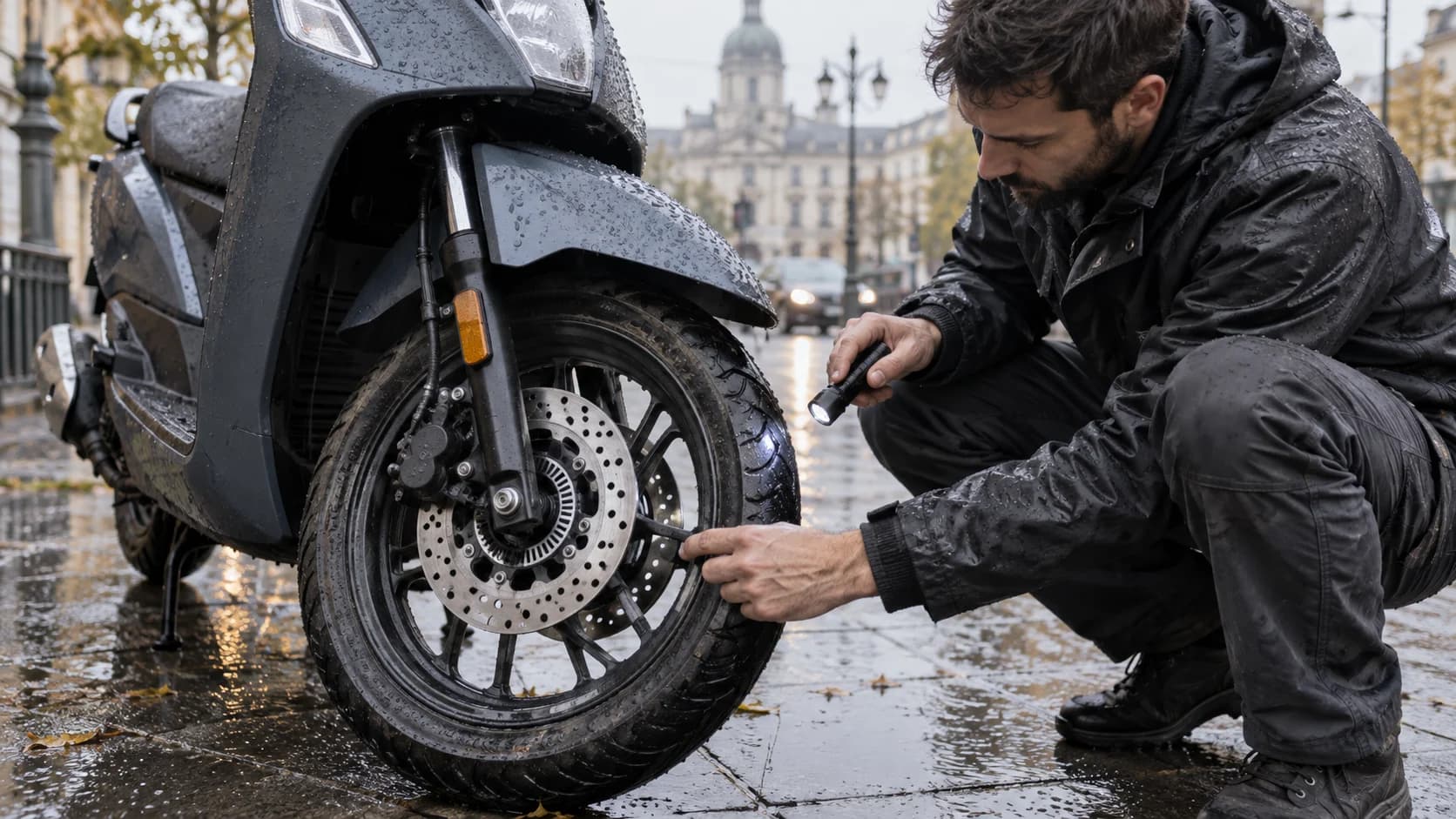verificare a frânei față la un scuter ud după ploaie pe trotuar urban