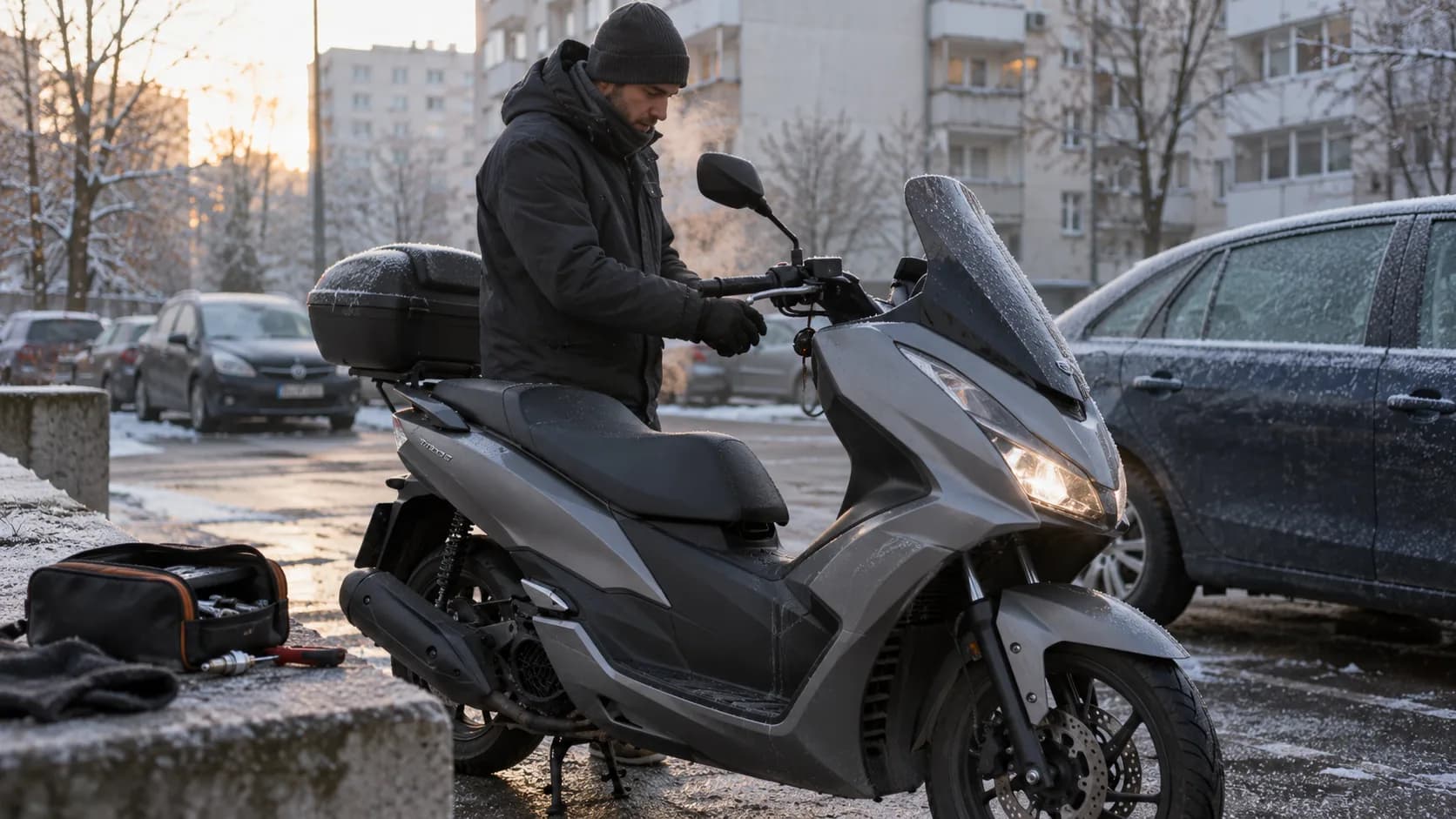 Scuter 125 fără sigle parcat dimineața lângă un bloc românesc, asfalt rece și condens realist